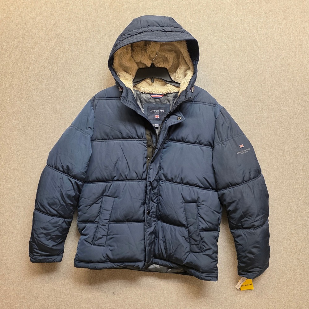 London Fog Mens Navy Blue Hooded Puffer Jacket LF60465S Coat Medium